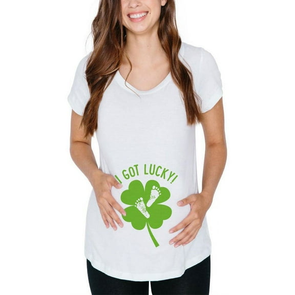 St. Patricks Day I Got Lucky Baby Feet Footprint Maternity Soft T Shirt White X-LG