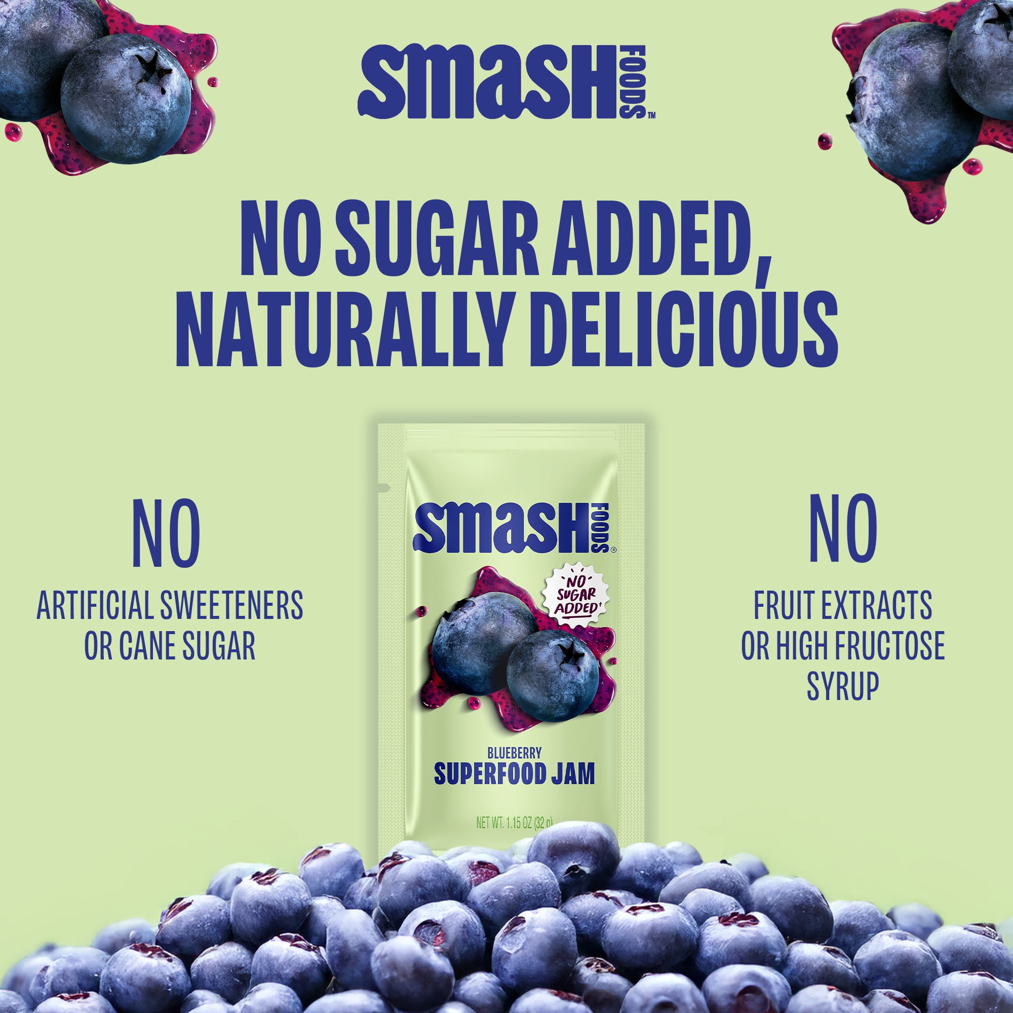 Smash Foods Blueberry Jam Packets, No Sugar Added, Keto, Vegan, 10 Count