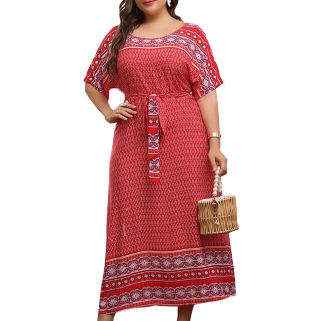 Maxi Robe avec Manches Grande Taille Femme Décontractée Ample Manches Courtes Col Rond Imprimé Floral Robe Taille Manches Courtes en Liquidation