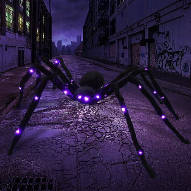 4Ft Giant Spiders Halloween Realistic Black Hairy Spiders with Purple LED Lights Halloween Light