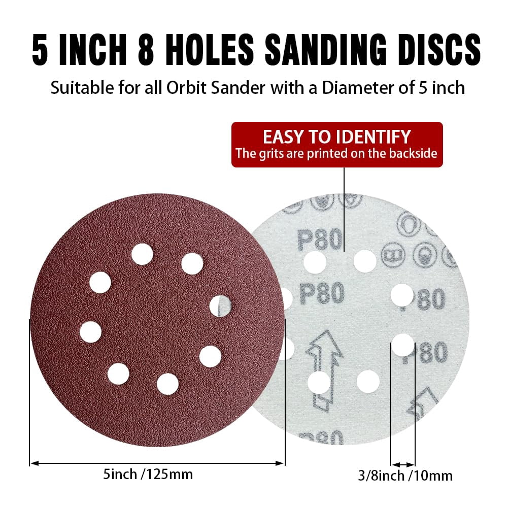 FRKSMD-52 Pack 5 Inch 8-Hole Hook and Loop Sanding Discs Sandpaper Red Round 80 Grit Sandpaper for Random Orbital Sander