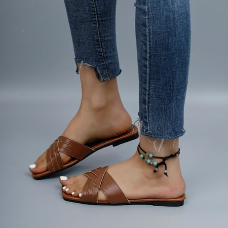 

Yzengfg Ladies Summer Simple Solid Colour Soft Leather Flat Bottom Large Size Sandal Slippers Women Denim Sandals 10