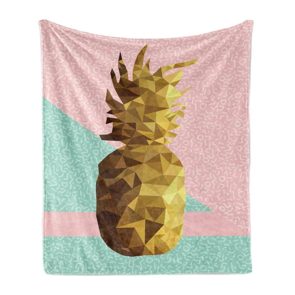 Indie Soft Flannel Fleece Throw Blanket, Retro Summer Concept Pineapple Fruit in Poly Design Memphis, Cozy Plush for Indoor and Outdoor Use, 70" x 90", Mint Green Pale Brown, by Ambesonne