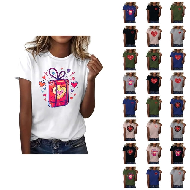 T-shirts de la Saint-Valentin pour Femmes 2026 Mode Manches Courtes Col Rond Cœur Graphique