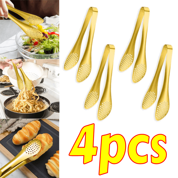 4 PCS Gold Serving Tongs, 9 Inch Stainless Steel Food Tongs for Salad, Buffet, Appetizers and Party