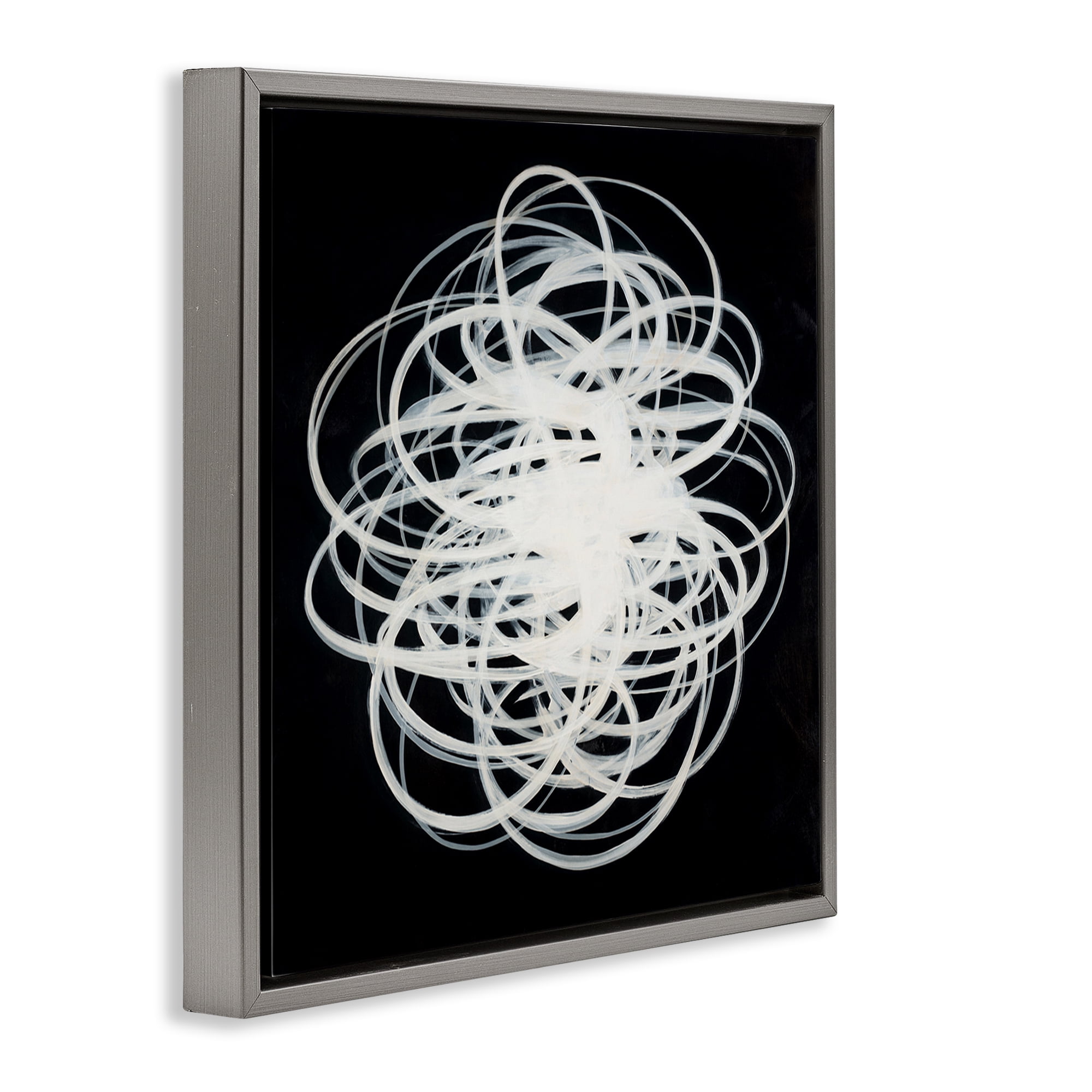 Stupell Industries Chaotic Scribble on Black Abstract Painting Gray Floater Framed Canvas Art Print Wall Art, 25 x 25