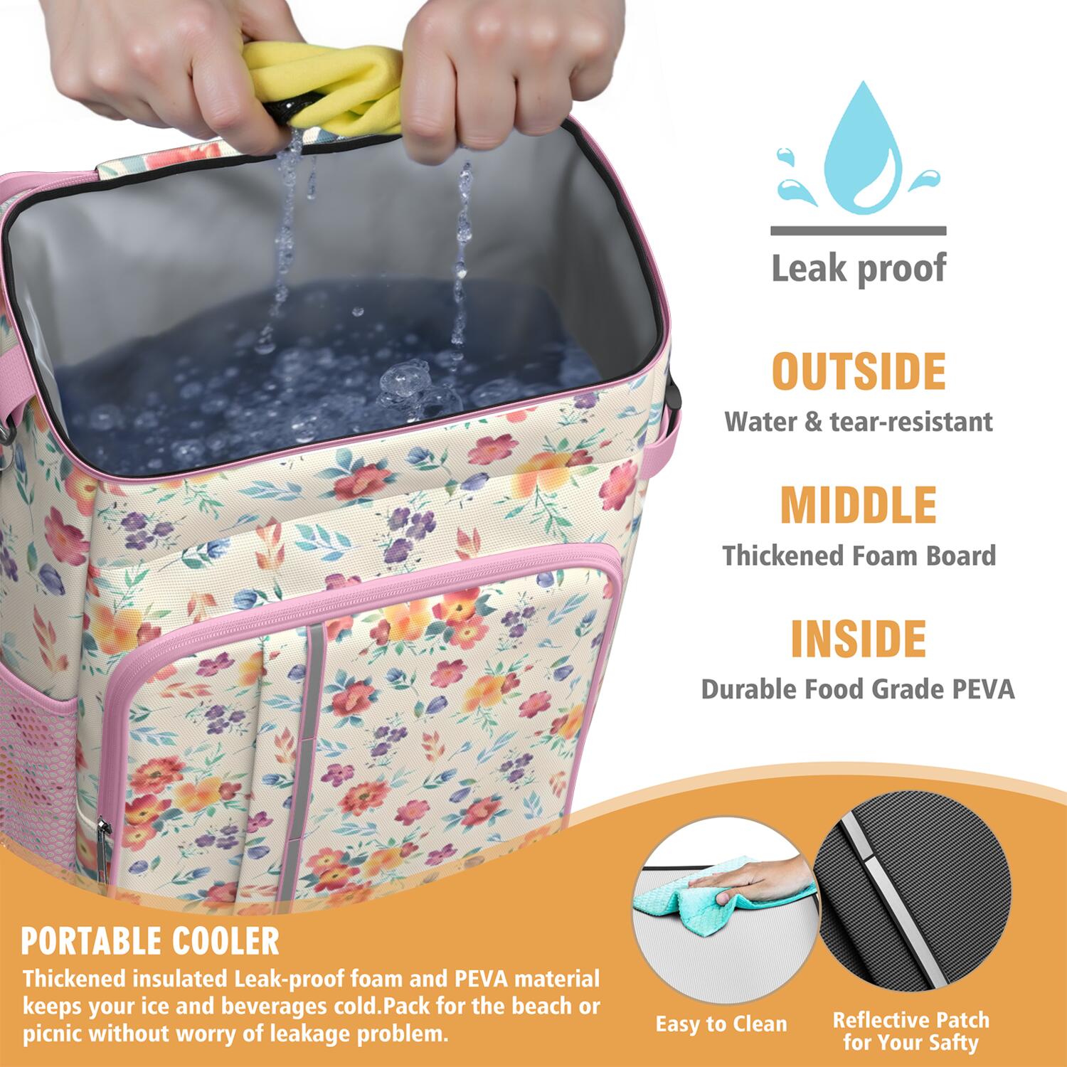 Travel Cooler Bag - Pioneer Flower Floral Print Pattern Camping Beer Cooler Backpack with Bottle Opener- Waterproof Insulated Picnic Backpacks - Cooler Bag for Beach