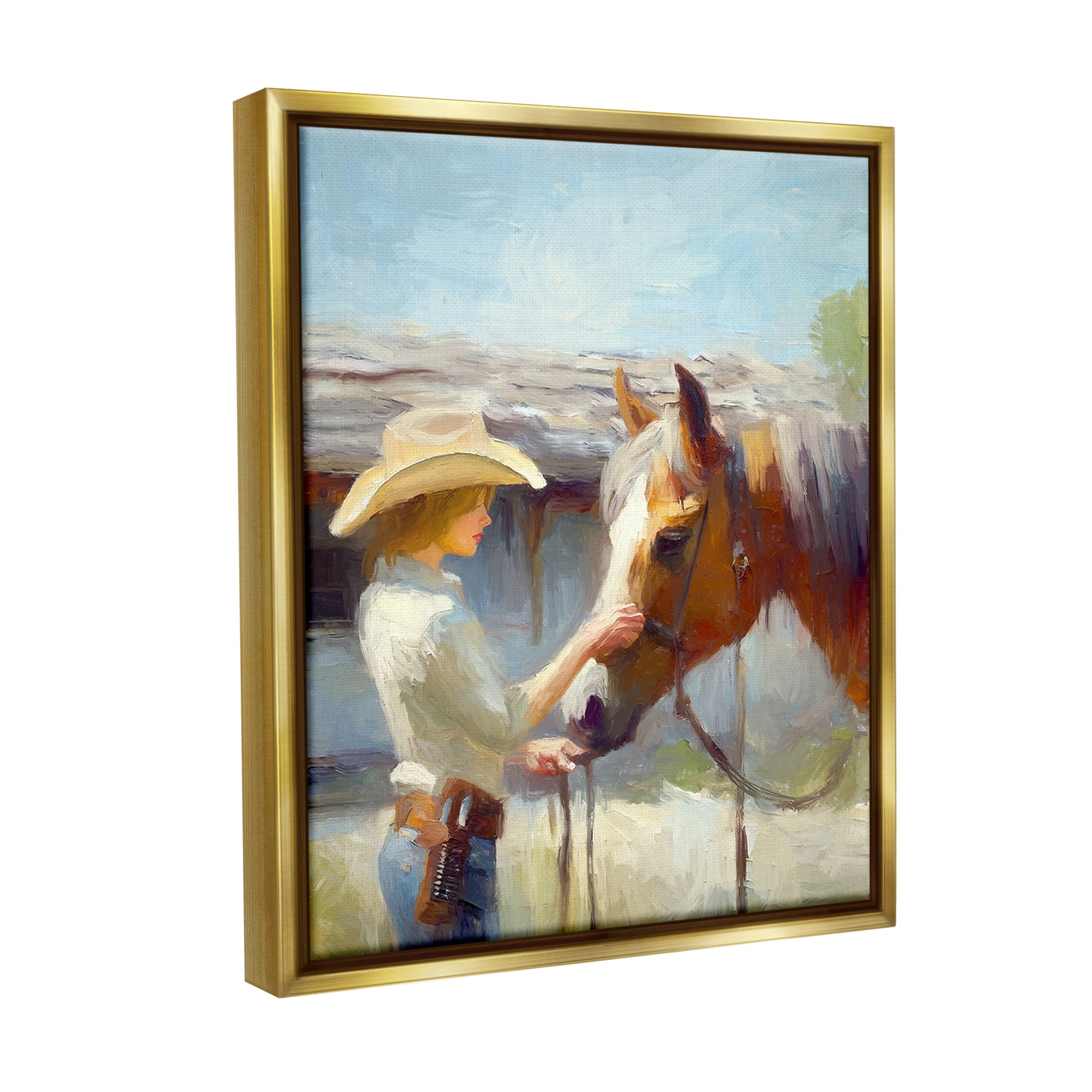Stupell Industries Girl Caring For Horse Animals & Insects Painting Gold Floater Framed Canvas Art Print Wall Art, 17 x 21