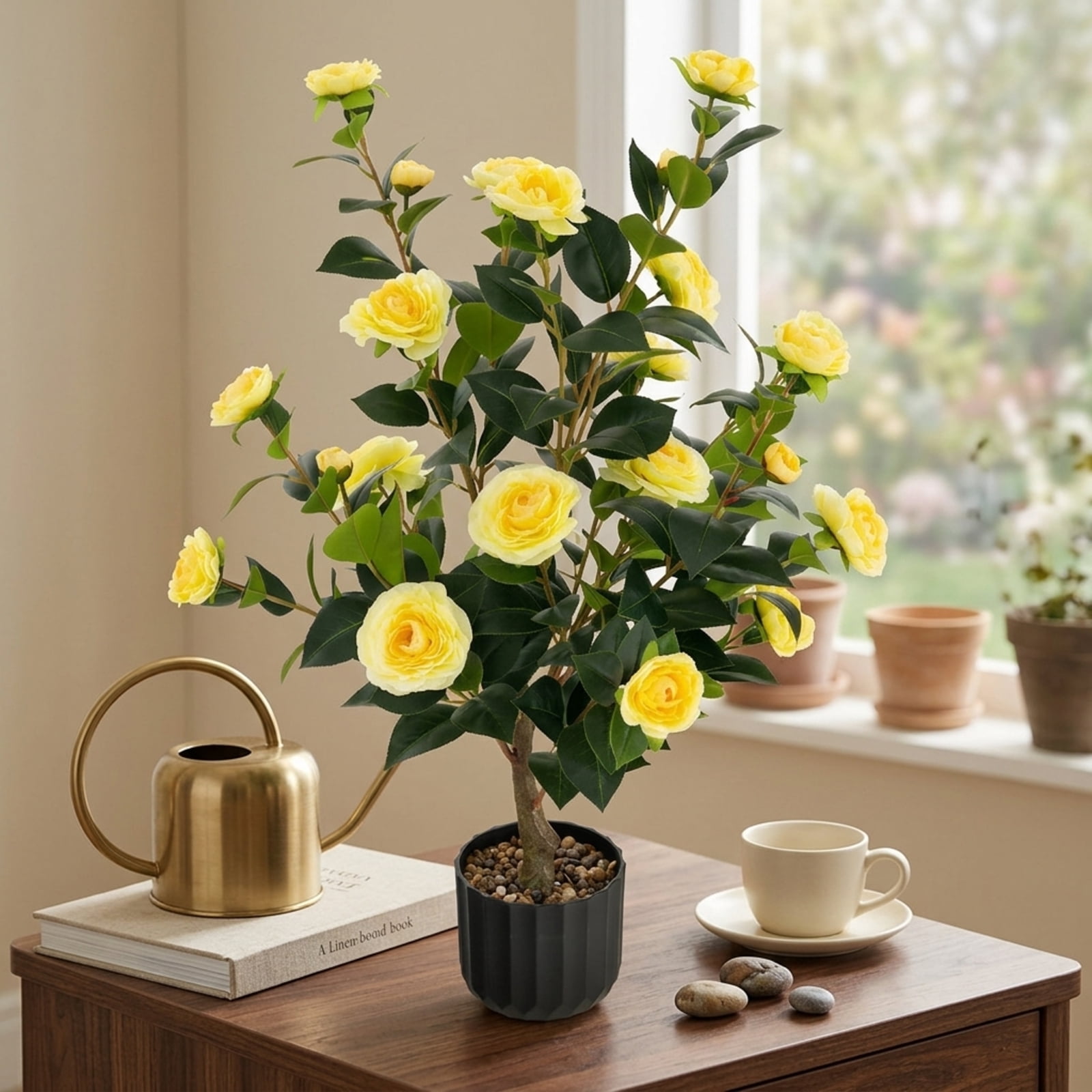 Vebreda Artificial Plant Decor, 38 Inch Artificial Camellia Tree Faux Flower Plant in Cement Pot, Gorgeous and Vivid Appearance