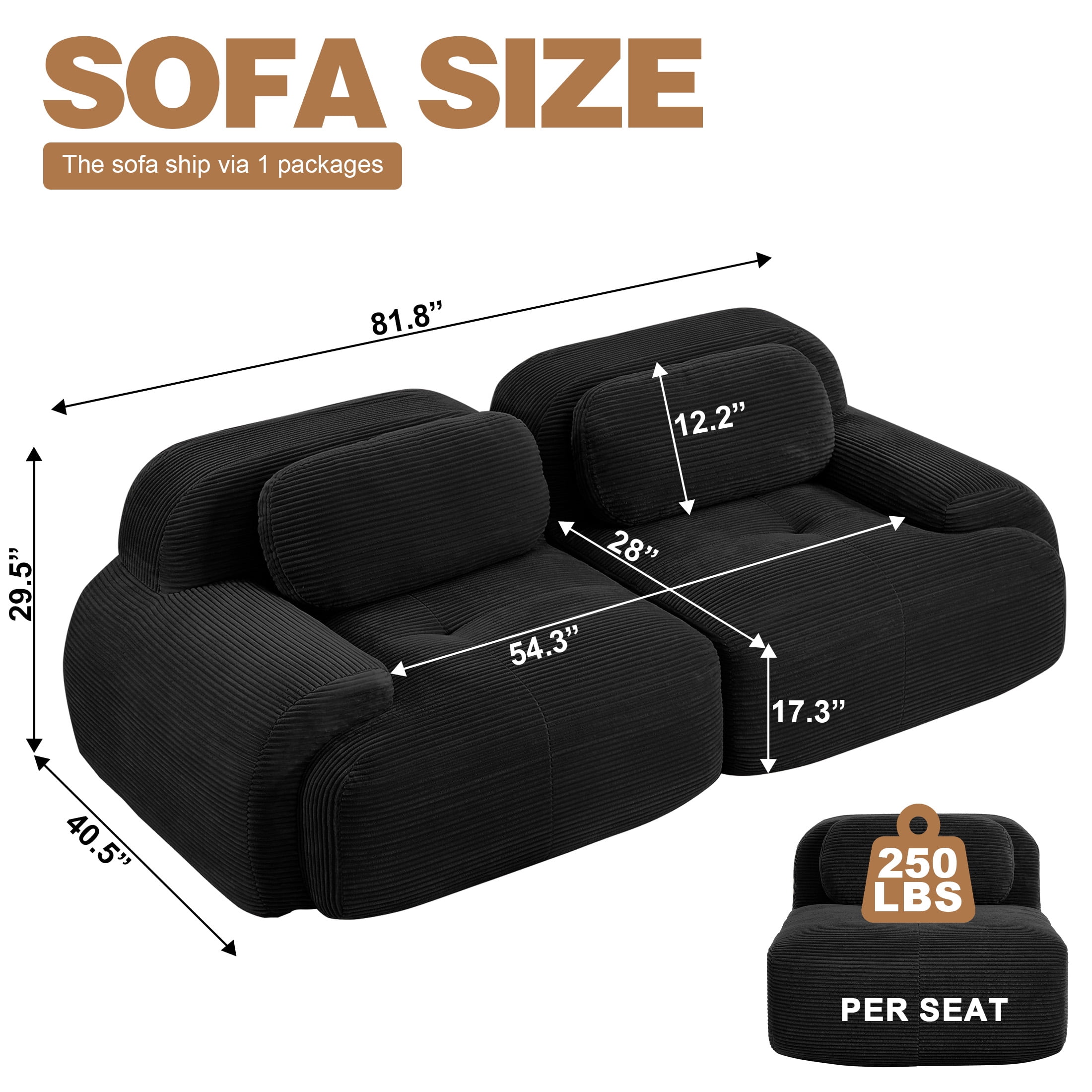 Aukfa 82" Modular Sectional Sofa, 28" Deep Seats, Corduroy Fabric, Cloud-Comfort Loveseat, Black