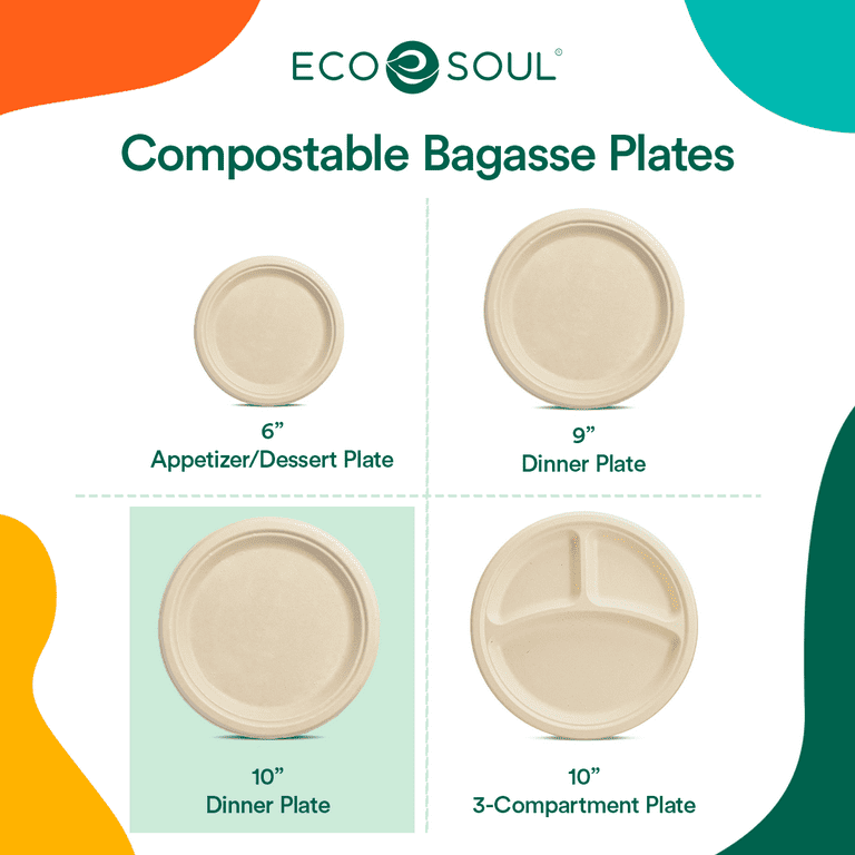 10 Inch 3 Compartment Round Plates 100% Biodegradable, Compostable