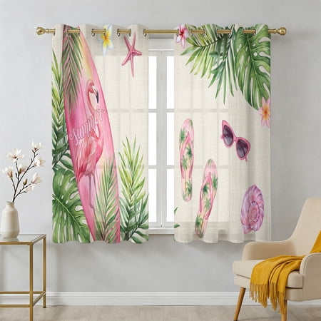 Summer Ocean Pink Surfboard Sheer Curtains 54 Inch Long 2 Panels Beach Slippers Flower Palm Leaf Linen Light Filtering Semi Sheer Drapes Grommet Voile Window Curtain for Living Bedroom W52 x L54