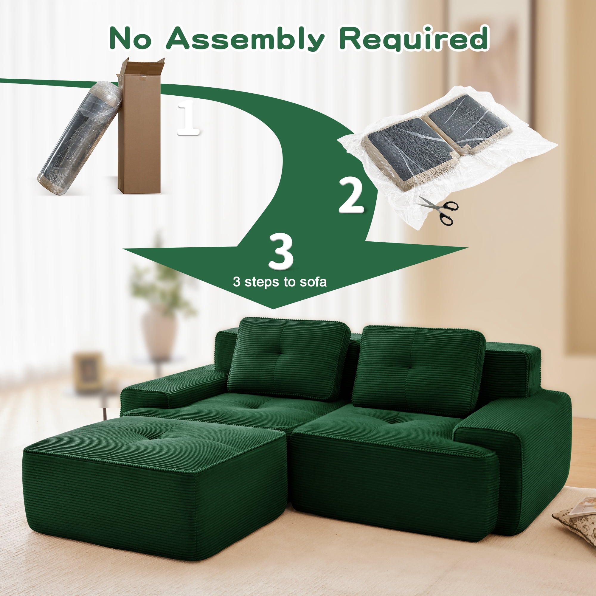 Yoneston 82" L-Shaped Modular Sectional Sofa 2 Seater Couch with Cushions and Ottoman, No Assembly Corduroy Loveseat Sofa for Living Room Bedroom Apartment, Green