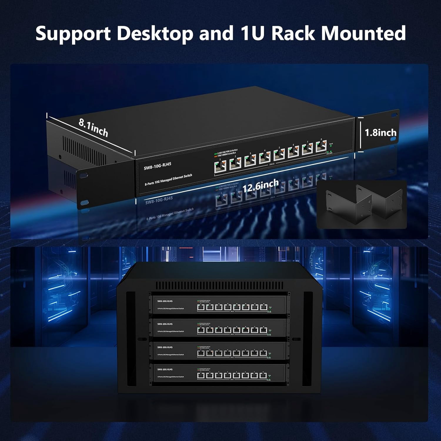 8 Port 10Gb RJ45 Web Managed Network Ethernet Switch 8 x 10G Base-T Port | Multi-Gig 10G-5G-2.5G-1G | Built-in Fan | 160G Bandwidth | 10Gbps for 10G NAS, PC, WiFi7 Router, 10G Adapter/NIC