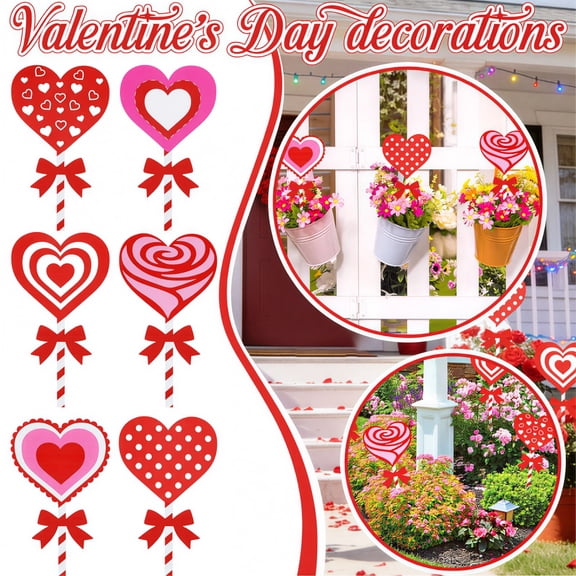 Wooden Valentine's Day Yard Sign Stakes - 6 Pack Heart Shaped Outdoor Yard Decorations, Rustic Red & Pink Valentines Day Decor for Garden, Lawn, Patio