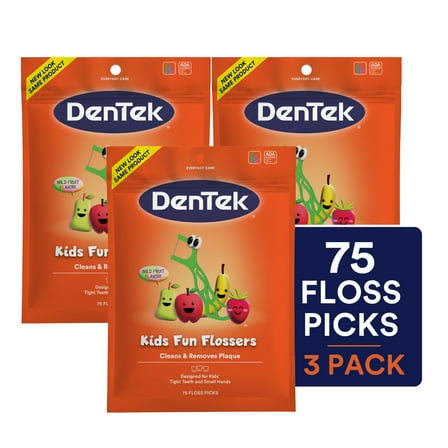 DenTek Kids Fun Flossers, Removes Food & Plaque, 75 Count, 3 Pack