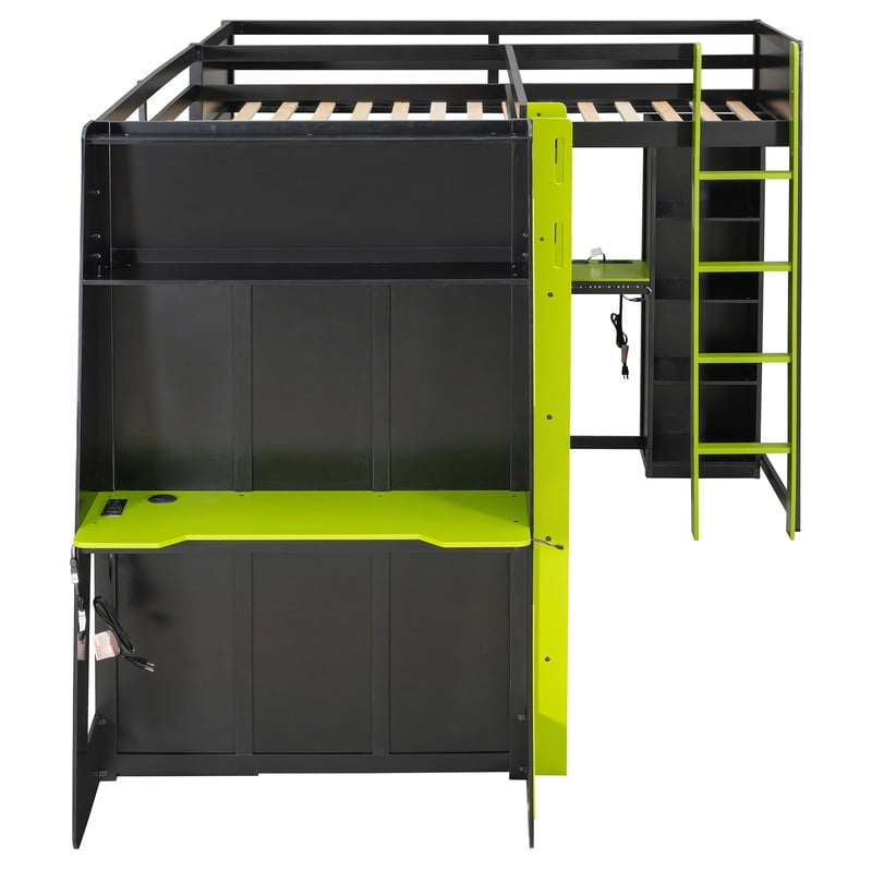 Twin Size L-Shaped Gaming Loft Bed with RGB LED Lights, Dual Twin Beds, USB Charging Ports & TV Stand, Wood Loft Bedframe Playhouse Bed with Storage Shelves & Reversible Layout