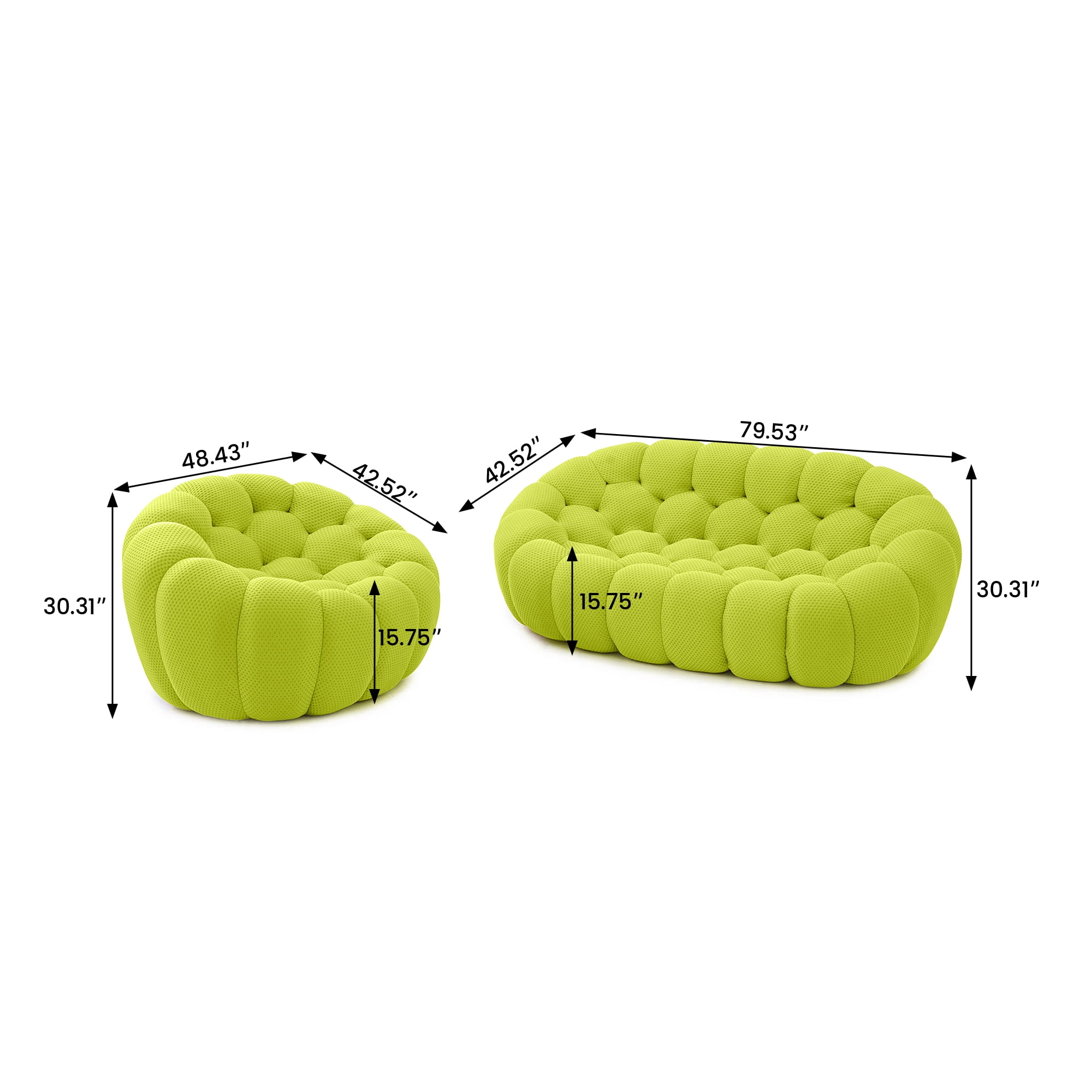 Sodrens 79.53" Bubble Couch with Ottoman,Modern Upholstered Mesh Fabric Lazy Floor Sofa,3D Honeycomb Shape Bubble Sofa Curved Couch for Living Room,Office,Apartment,No-Assembly(Fluorescent Green)