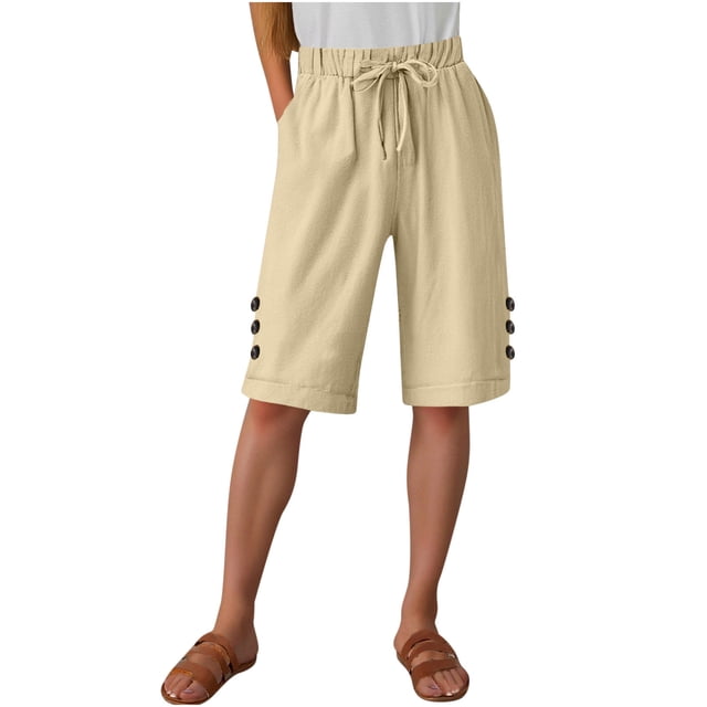 Womens Half Shorts Pants Summer Elastic Waist Buttons Casual Linen Pockets Pants