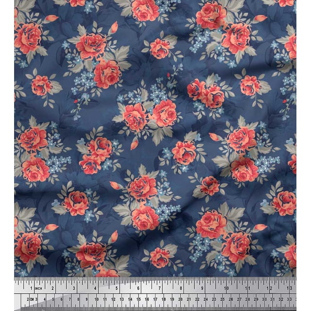 Soimoi polyester Crepe Fabric Leaves & Rose Floral Decor Fabric Printed Yard 42 Inch Wide