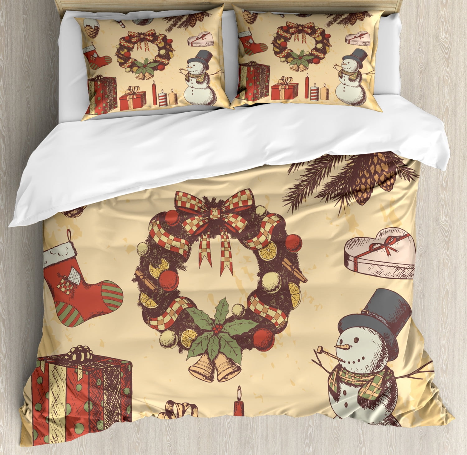 Christmas Duvet Cover Set King Size, Grunge Style Vintage Composition