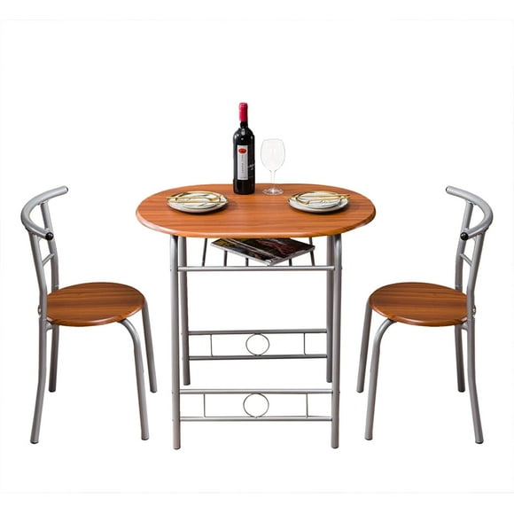 3 Piece Dining Table Set,Small Round Table for 2 with Wine Storage Rack and Metal Frame,Breakfast Nook Table Set for Home Bistro Pub Apartment Kitchen Dining Room Cafe, Brown& Silver
