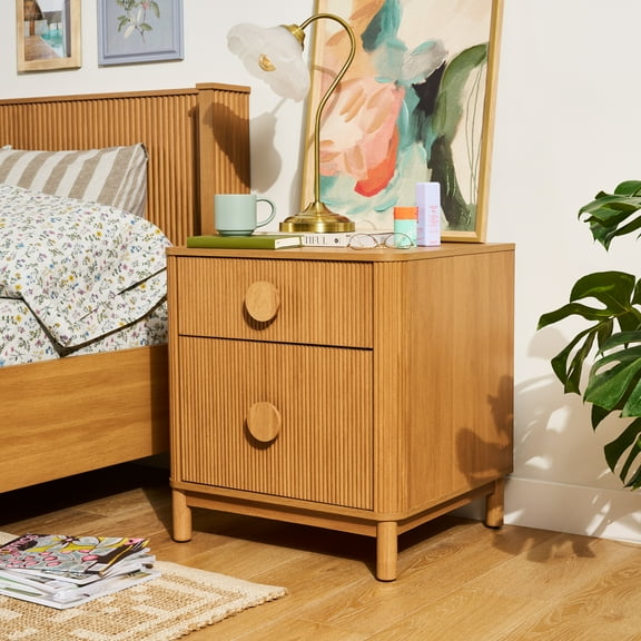Beautiful 2-Drawer Fluted Nightstand with Teched Away by Drew Barrymore, Warm Honey Finish, Adults and Teens