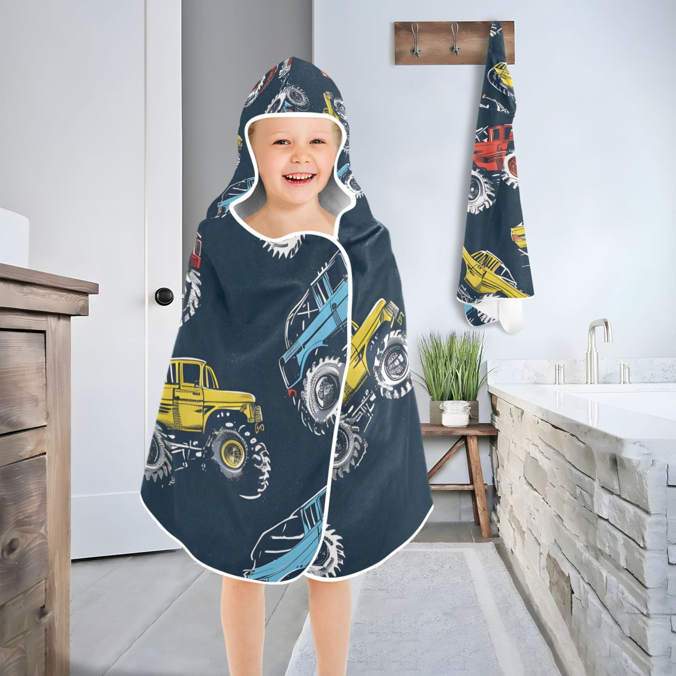 Cartoon Monster Trucks Comic Kids Hooded Beach Towel Baby Bath Poncho Towels with Hood Absorbent 50"x23.5" for Pool Swimming