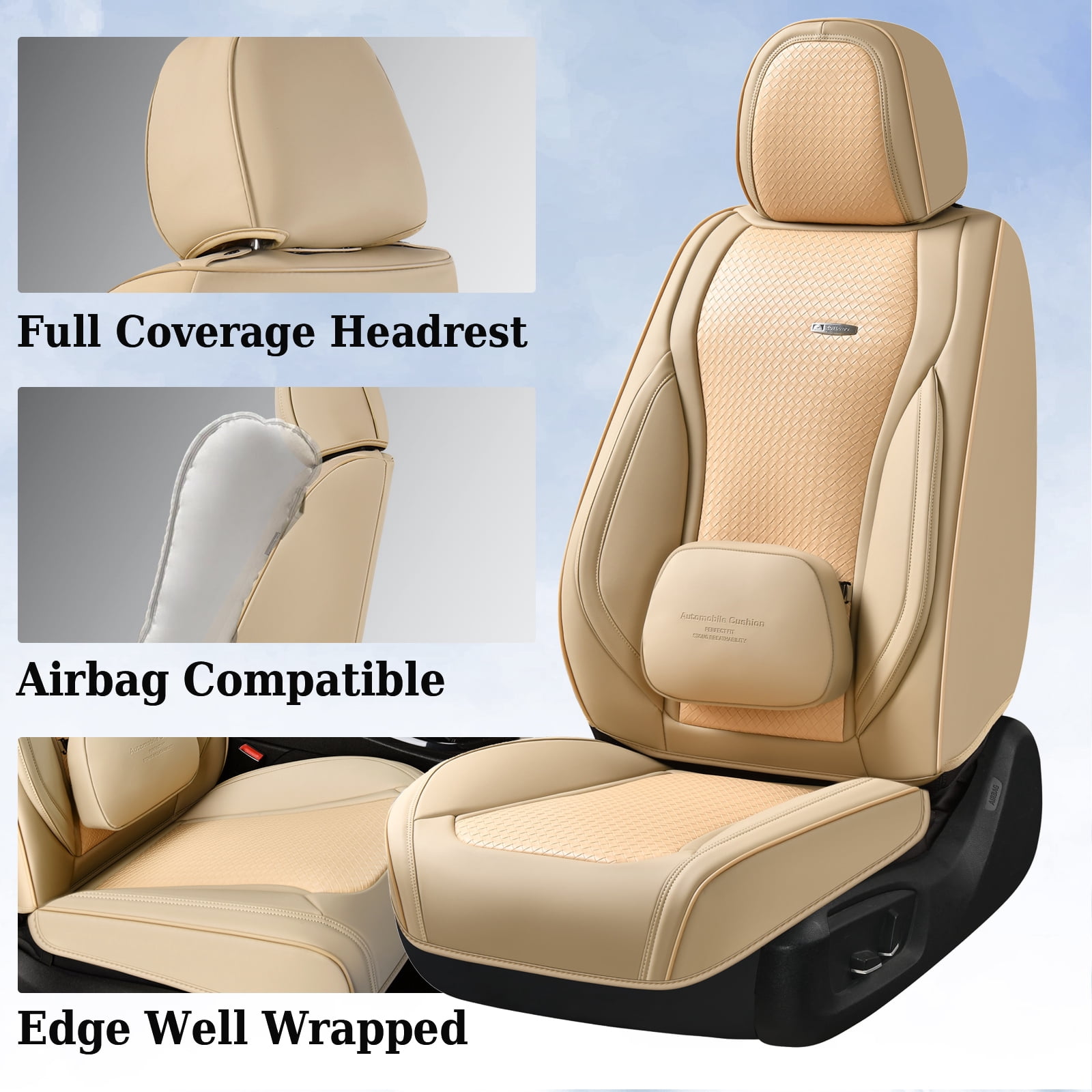 Coverado Car Seat Covers Full Set, Waterproof High-grade Leather Seat Protectors with Lumbar Support, Auto Cushions Universal Fit for Most Cars SUV Trucks, Beige