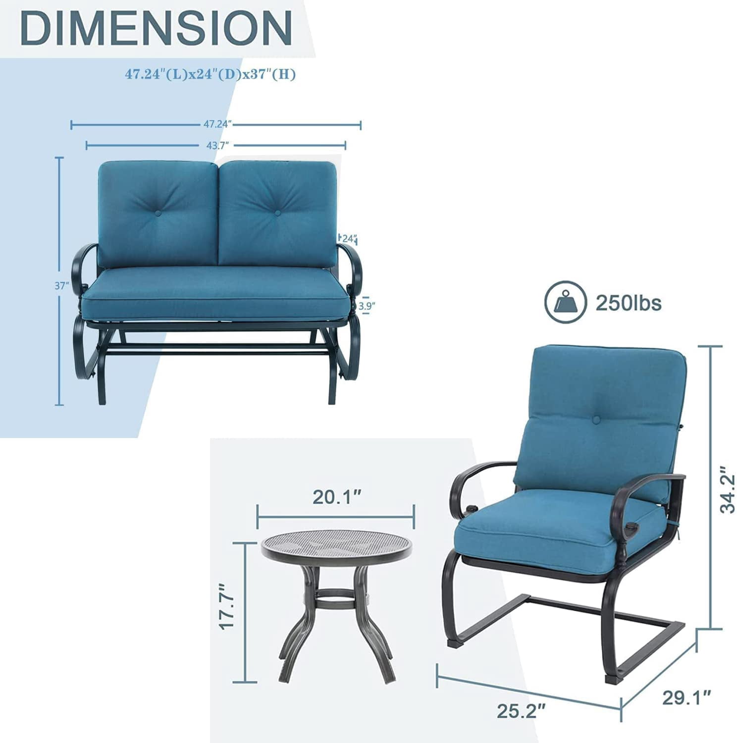 SUNCROWN 4-Piece Outdoor Patio Furniture Set Wrought Iron Conversation Sets, Peacock Blue