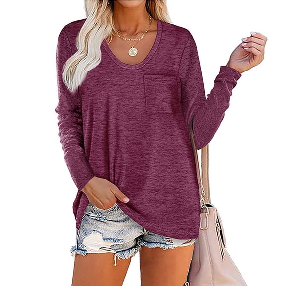 Abcnature Long Sleeve Solid Pullover T-Shirt Tops For Women Autumn Winter O-Neck Side Split Sweatshirt Ladies Casual Loose Tunic Blouse Tops Wine M