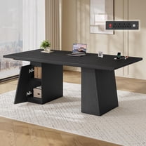 63" Executive Desk with Power Outlets, Modern Home Office Desk with Storage Cabinet, Computer Desk Conference Table, Black