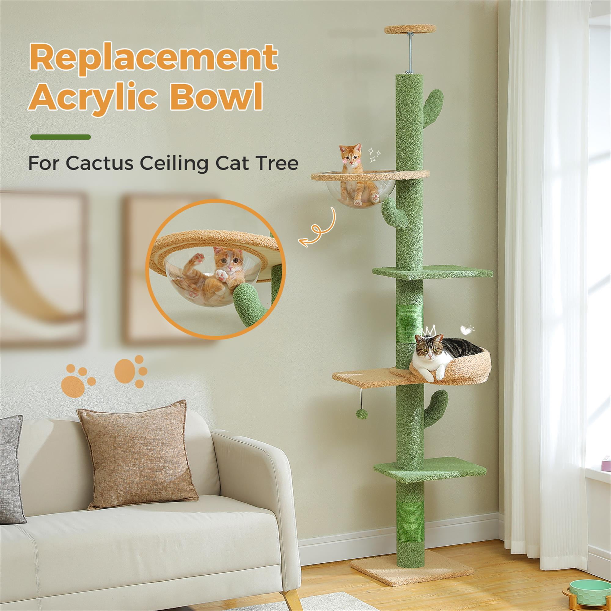Kadyn (87"-100") Height Adjustable Floor to Ceiling Cat Tree, 5 Levels Cactus Cat Tower with Cat Perch and Hammock, Cat Climbing Activity Center, Green