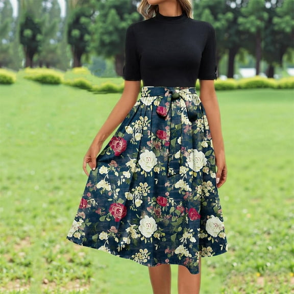 FDGIU Vintage A-Line Skirt - Women's High Waist Pleated Midi Skirt with Pockets (Polka Dot, Rockabilly Style)