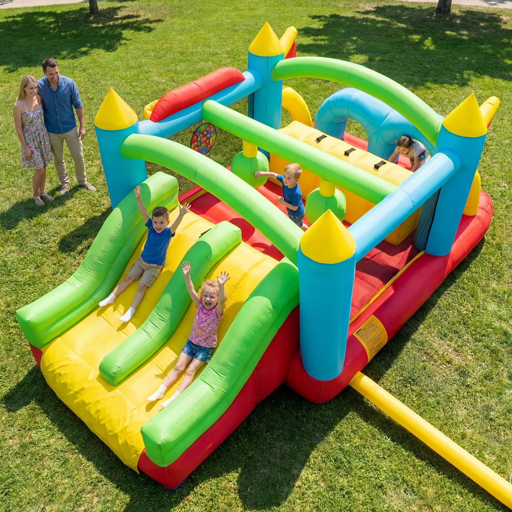 Adnoom Inflatable Obstacle Course Bounce House for Kids 3-12, 7-in-1 Jumping Castle with 550W Blower, Patio Bouncy House w/Dual Tunnels, Double Slides, Basketball Hoops, and Climbing, Indoor/Outdoor