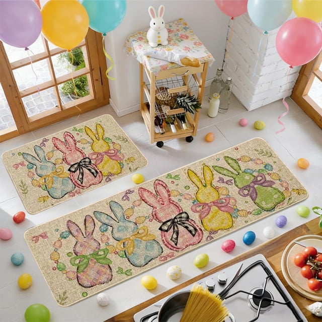 Uuiauoio Easter Kitchen Rug Set of 2, Spring Easter Eggs Bunny Non Slip Kitchen Mats for Floor Happy Easter Home Decor Kitchen Floor Rugs for Hallway Laundry Room