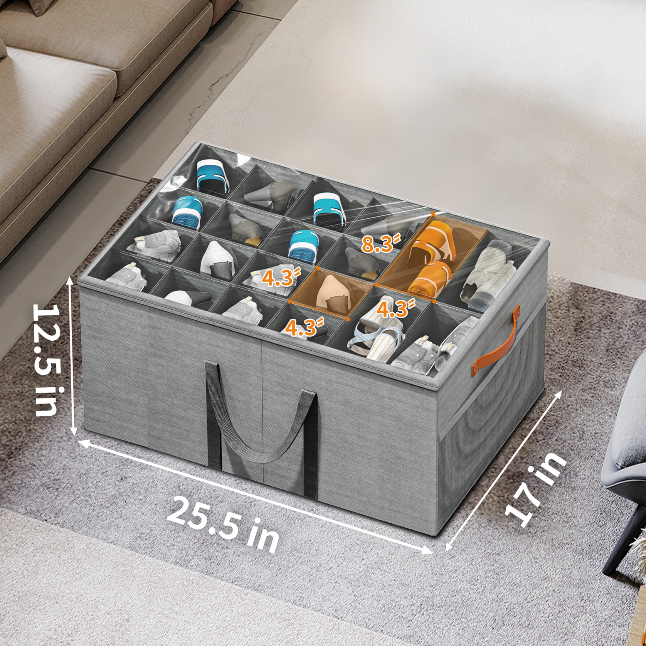 Aokeyee Shoe Storage Closet, Large Shoe Box Space Saving Foldable with Clear Cover, Fits 20-24 Pairs, Grey