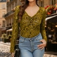 thumbnail image 2 of UTSJKR Lace Long Sleeve Mesh Tops for Women Buttons V Neck Slim Fit Cutout Sheer Blouse Sexy See Through Undershirt Yellow XL, 2 of 9