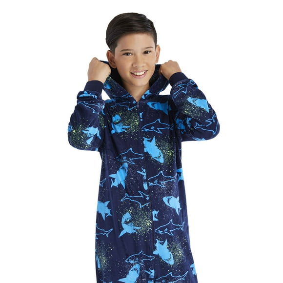 Boys Navy Shark Onesie, Soft and Cozy Velour Pajama With Hood