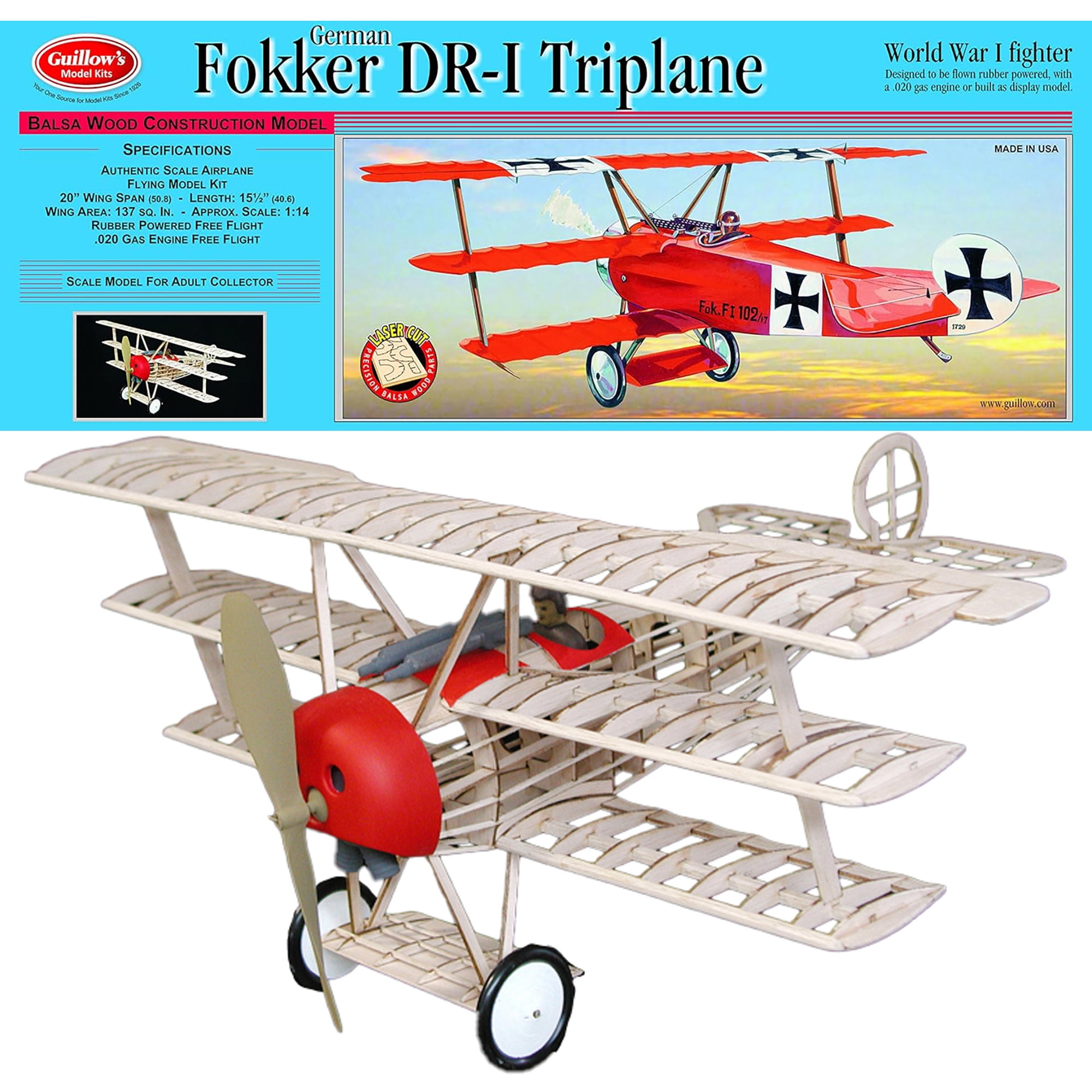 米国Guillow社バルサモデルキットFOKKER DR-I TRIPLANE Fokker DR-1 Triplane - Paul K. Guillow, Inc.