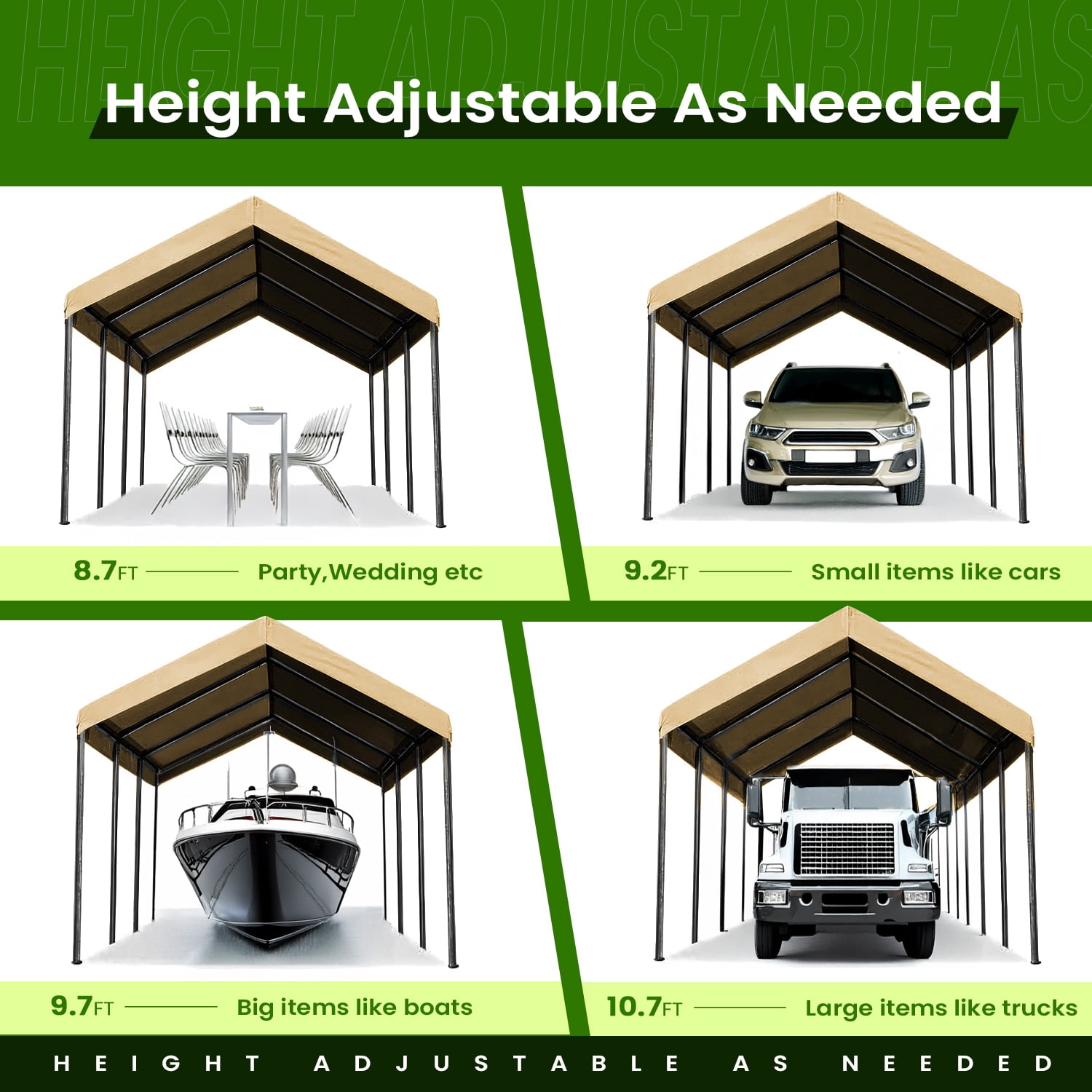 ECOLINEAR Carport 10x20 ft Heavy Duty Carport, Outdoor Potable Garage with 4 Adjustable Height 8.7 ft to 10.2 ft, Carport Canopy Anti UV All-Season Waterproof Tarp, Car Canopy for Trucks, Boats,Yello