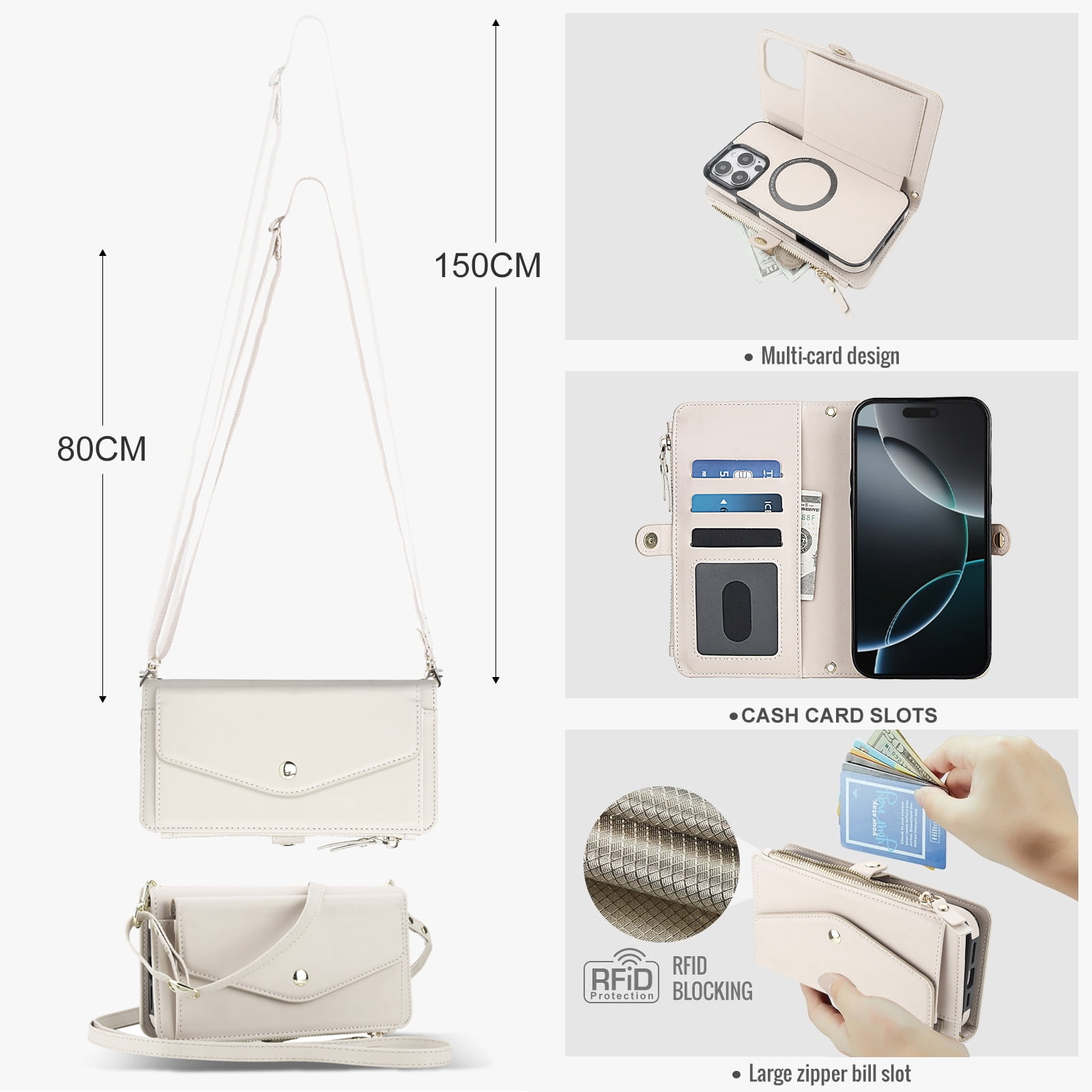 Dteck Crossbody Wallet for iPhone 15 Pro with Detachable Magnetic Phone Case, Compatible with MagSafe, RFID Blocking PU Leather Flip Cover Wrist Strap Zipper Card Holder Slots,White