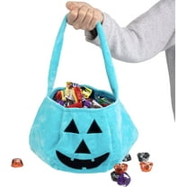 SCS Direct Halloween Teal Halloween Pumpkin Fabric Trick or Treat Tote- Soft Canvas Candy Bag 8" x 8" Kids Light Blue Allergy Friendly Awareness