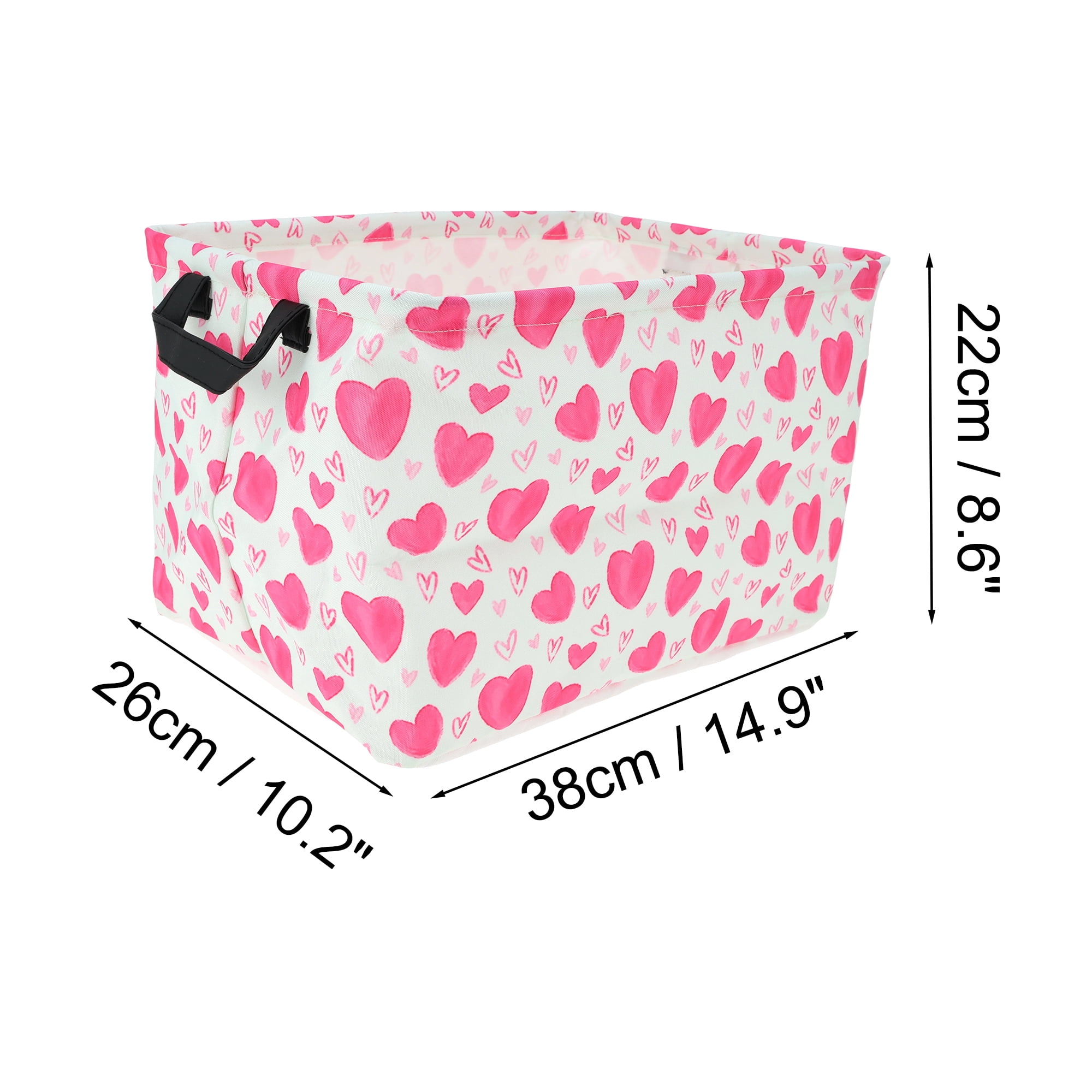 Unique Bargains Heart Print Storage Basket with Handles for Home Rose Pink, White