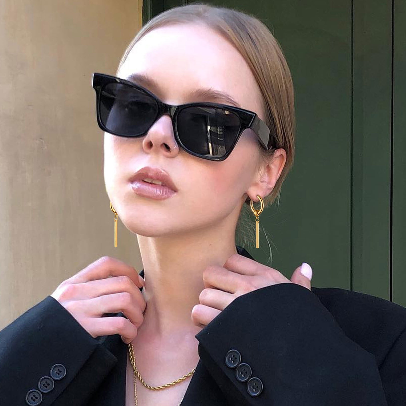 FOCALOOK Hoop Earrings for Women Drop Dangle Vertical Bar Earrings 18K Gold Plated
