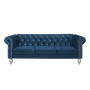 Home Design Emma Contemporary Velvet Rolled Arm Chesterfield Sofa with Diamond Button Tufted Back and Nailhead Trim, Wood-Turned Legs, Modern Luxury, Blue