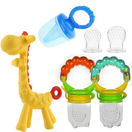 Baby Fruit Feeder Pacifier Pack - Baby Food Feeder Set Includes 2 Rattle Fruit Feeders, 2 Extra Pacifiers, Mesh Feeder, Giraffe Teething Toy ? Silicone Teething Toys for Infants (Best Infant Toddler Toys)