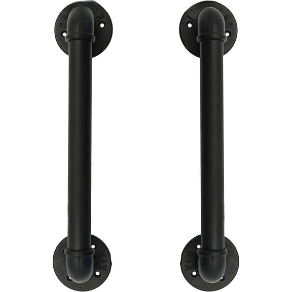 Set of 2 Industrial Pipe Door Pull Handle, Grab Bar, Towel Bar, Antique Rustic Cast Iron Handrail - Matte Black, 1-1/4"Diameter Pipe, 15 Inch