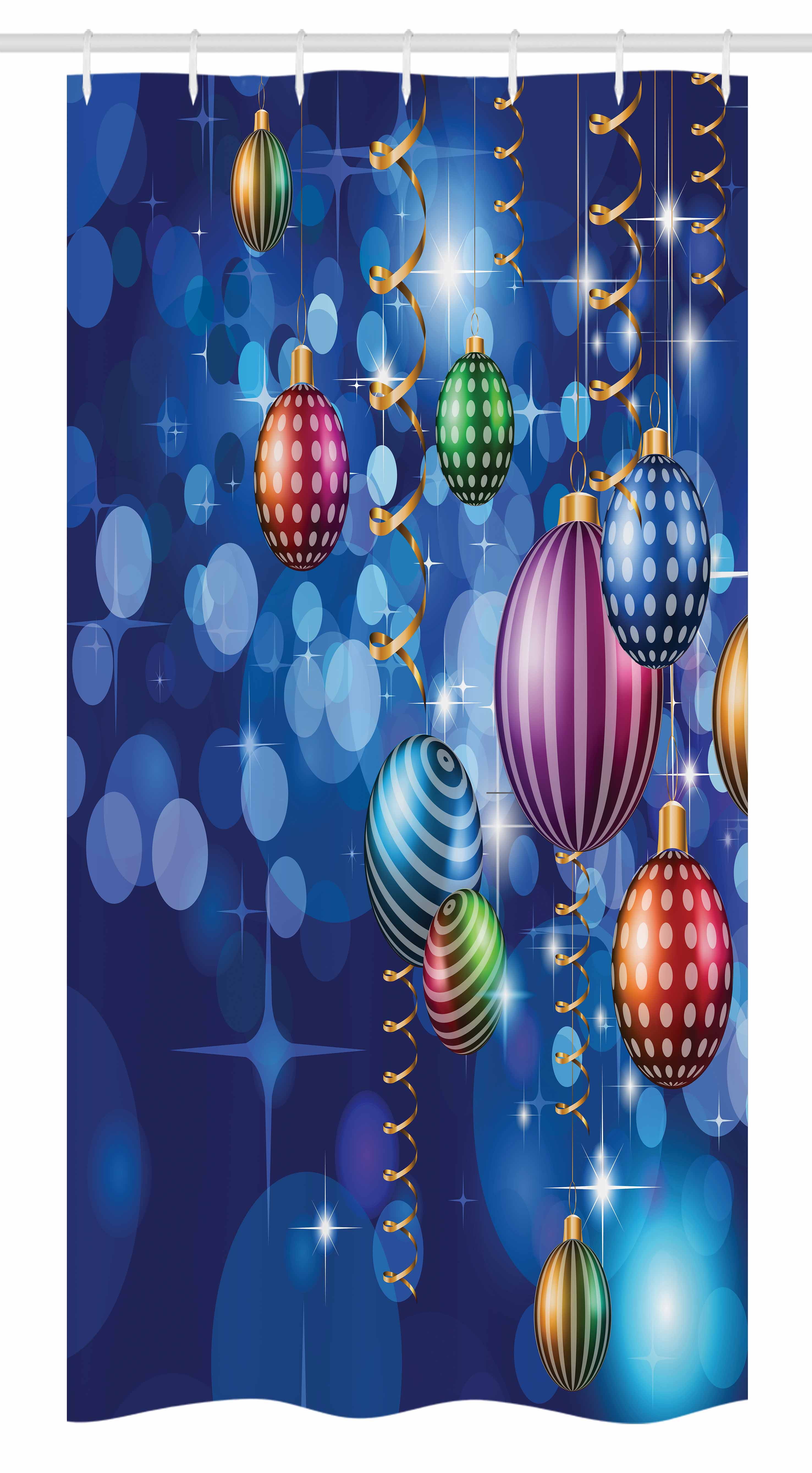 Christmas Stall Shower Curtain, Happy New Year Party Celebrations with Swirling Ornaments and