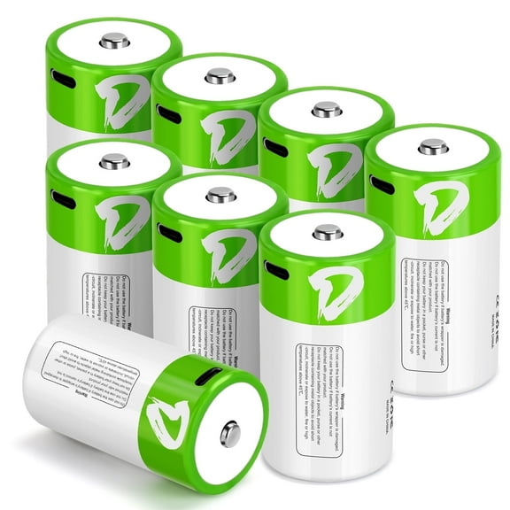 wowpower Rechargeable Lithium D Batteries 1.5 V 7500mWh with USB-C Charging Cable for Flashlight Floodliggt & Toys(8 Pack)